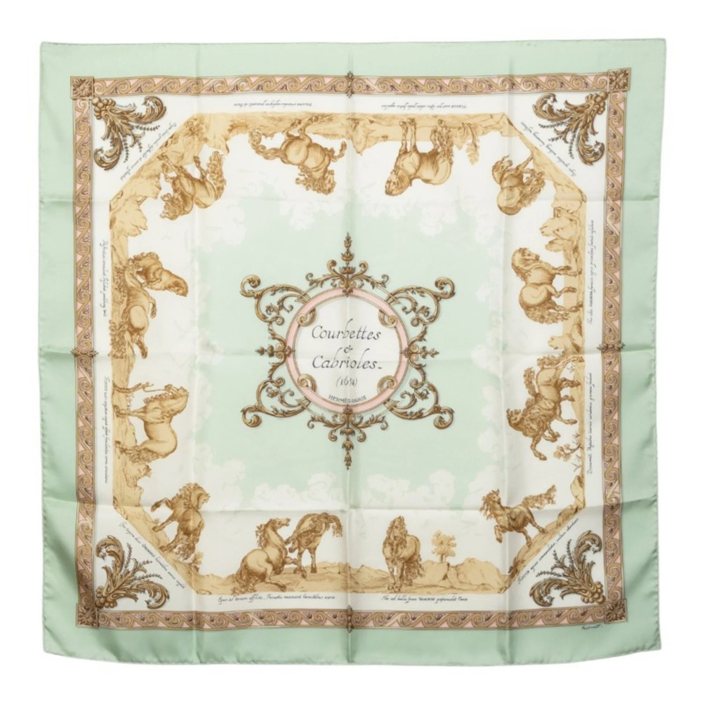 Hermes Carre 90 Courbettes et Cabrioles Scarf/Muffler, Light Green, Multicolo...